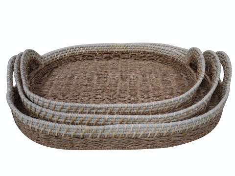 3pc oval seagrass tray with rope rim